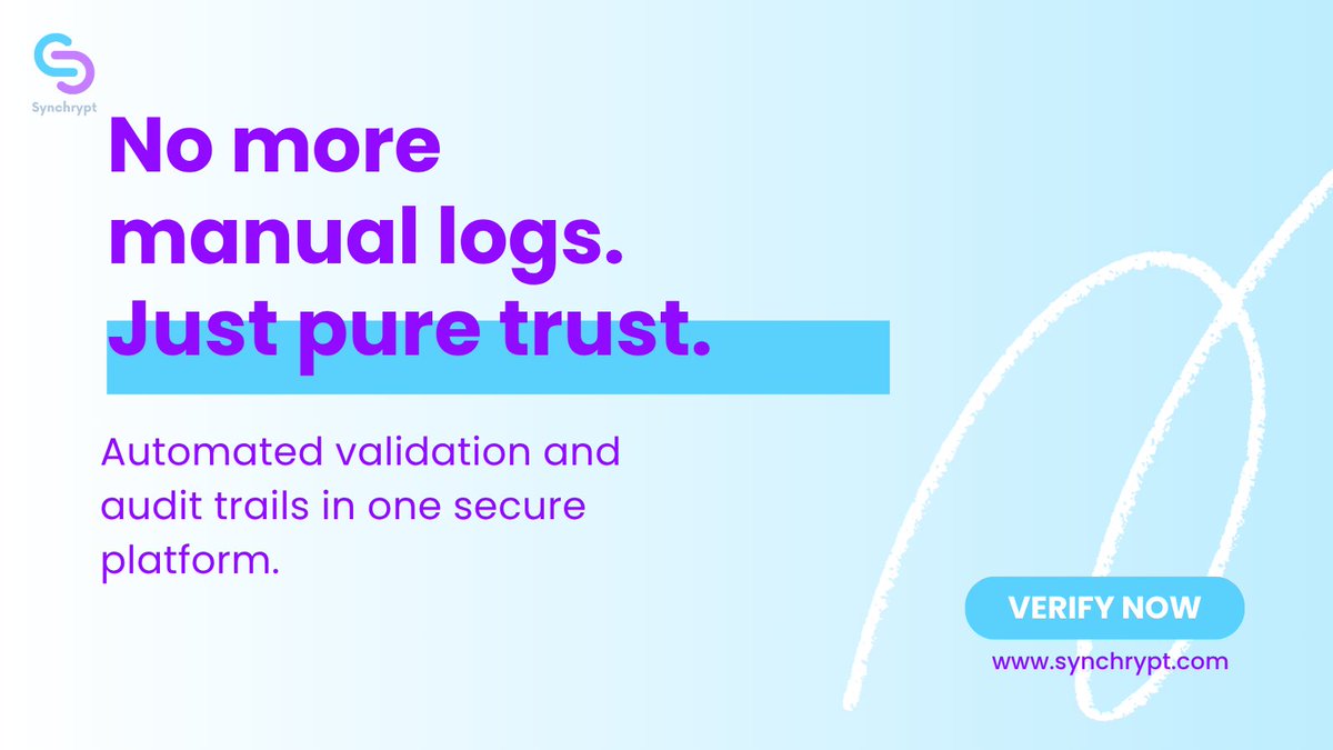 Synchrypt's tweet image. Replace paperwork with proof.

Let your data defend your integrity.

#AuditAutomation #DigitalPharma #PaperlessProof #SecureValidation #Synchrypt