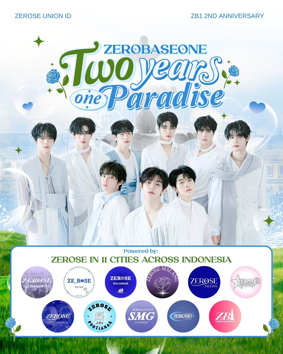 ZEROBASEONE Two Years, One Paradise
↪ <a href="/ZeroseUnionID/">ZeroseUnionID</a>
ZB1 2nd Anniversary Event 🎊
In 11 Cities :
📍Bandung
📍Batam
📍Makassar
📍Malang
📍Medan
📍Padang
📍Pekanbaru
📍Pontianak
📍Semarang
📍Tangerang
📍Yogyakarta
Details
#ZEROBASEONETwoYearsOneParadise