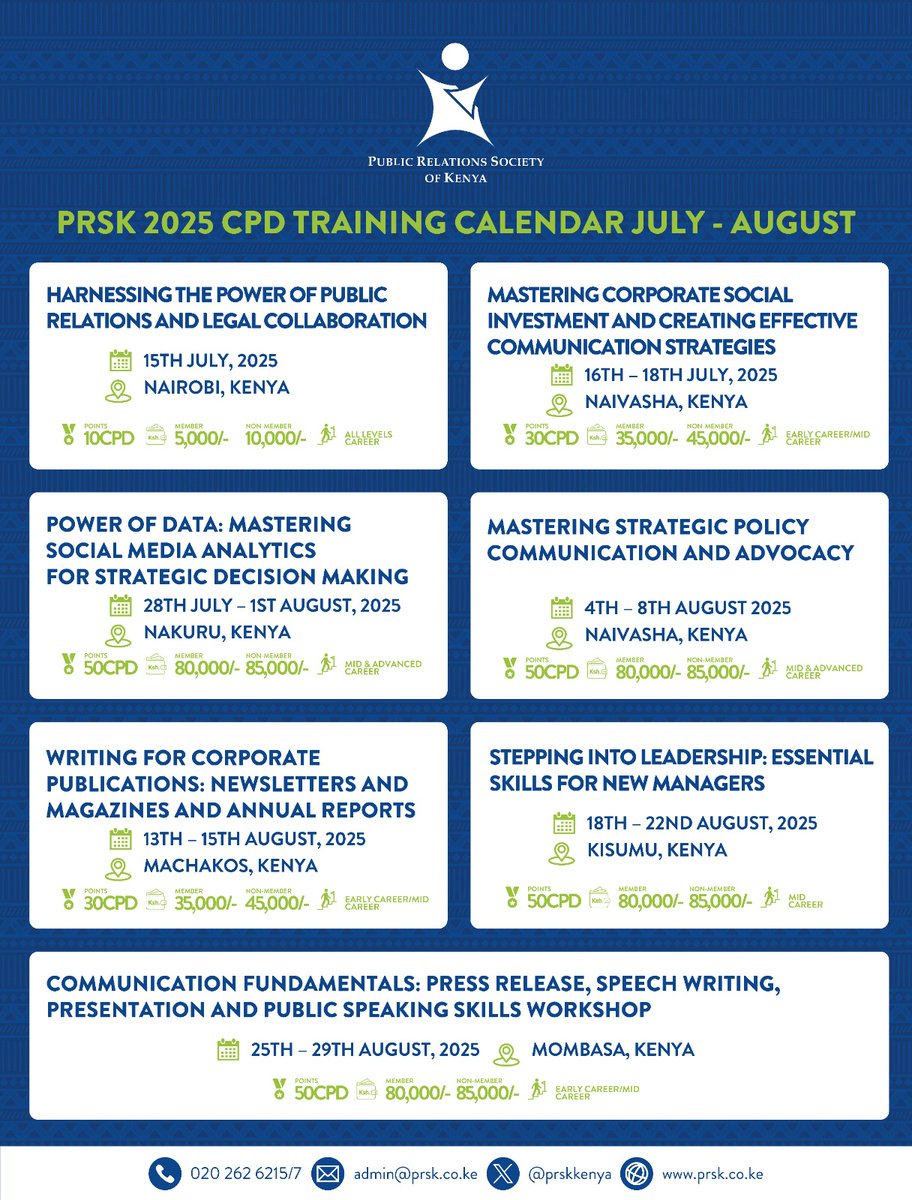 PRSK (@prskkenya) on Twitter photo #TeamPR, check out our scheduled July–August CPD Trainings and level up your PR and Communication skills.
Visit our website to register: prsk.co.ke or email admin@prsk.co.ke for more information.
#PRSKCPDCalendar #ProfessionalDevelopment #TeamPR, check out our scheduled July–August CPD Trainings and level up your PR and Communication skills.
Visit our website to register: prsk.co.ke or email admin@prsk.co.ke for more information.
#PRSKCPDCalendar #ProfessionalDevelopment