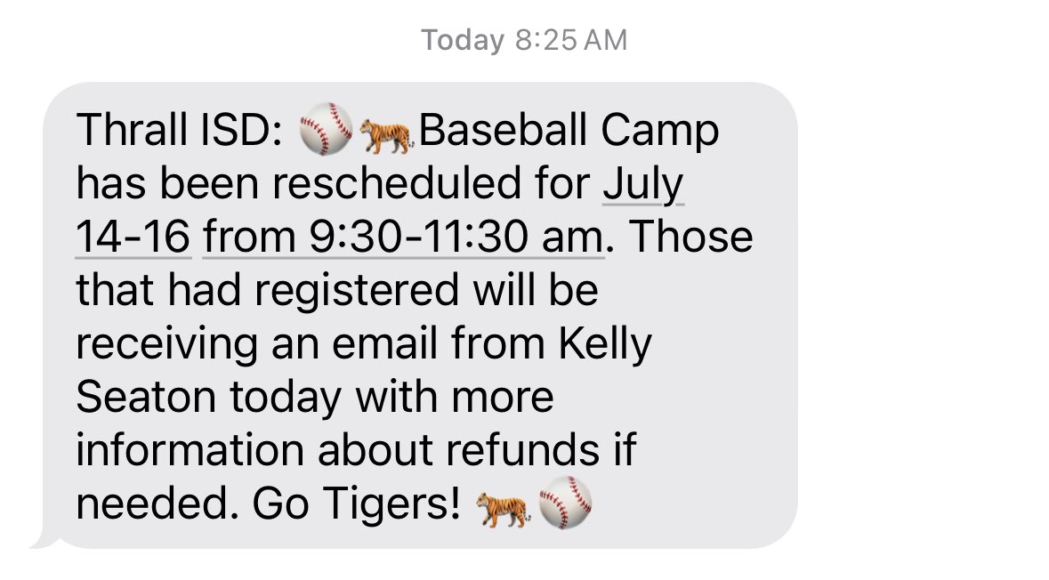 <a href="/ThrallTigerABC/">ThrallAthleticBoosterClub</a> <a href="/ThrallAthletics/">Thrall ISD Athletics</a> 

Youth Baseball Camp Rescheduled!