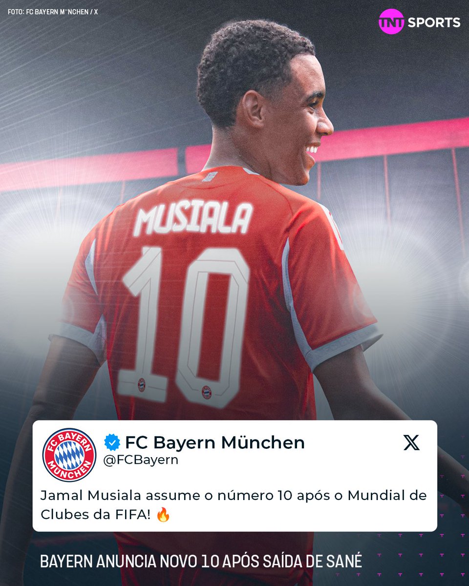 TNTSportsBR's tweet image. O NOVO 🔟 DO GIGANTE DA BAVIERA! 🔴⚪ Com a saída de Leroy Sané para o Galatasaray já confirmada, o Bayern anunciou que quem vai assumir a camisa 10 do clube é Jamal Musiala! 🇩🇪🔥 Vai dar liga? 👀 #MundialDeClubes2025