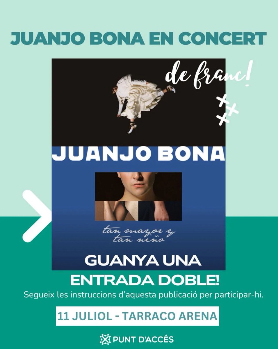 Juanjo Bona España (@juanjobonaes) on Twitter photo ¡<a href="/puntdacces/">Punt d'Accés</a> esta sorteando una entrada doble para el concierto de Juanjo en Tarragona el próximo 11 de Julio en el Tarraco Arena en su instagram! 🎟️
Tenéis los pasos para participar aquí —instagram.com/p/DLj6ZSSIT_a/…
Podéis participar hasta el día 7 a las 12 del mediodía🫶🏼 ¡<a href="/puntdacces/">Punt d'Accés</a> esta sorteando una entrada doble para el concierto de Juanjo en Tarragona el próximo 11 de Julio en el Tarraco Arena en su instagram! 🎟️
Tenéis los pasos para participar aquí —instagram.com/p/DLj6ZSSIT_a/…
Podéis participar hasta el día 7 a las 12 del mediodía🫶🏼