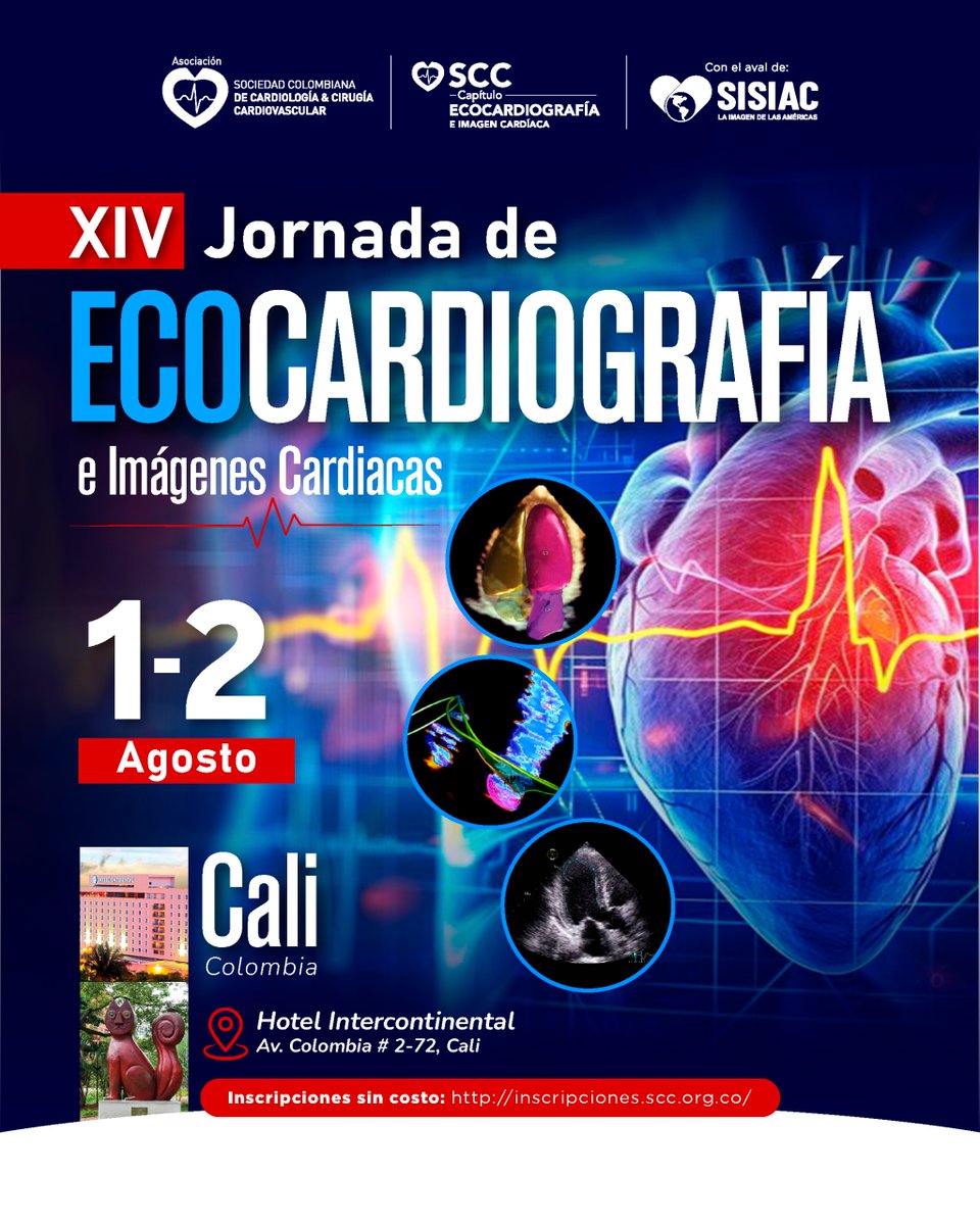 Sociedad Colombiana de Cardiología (@sccccardio) on Twitter photo El Capítulo Ecocardiografía e Imagen Cardíaca de la SCC los invita a la XIV Jornada Colombiana Ecocardiografía e imagen cardíaca 🫀 con el aval de @sisiacoficial
🔗 inscripciones.scc.org.co
🗓 Agosto 1 y 2 de 2025
📍Cali , Hotel Intercontinental
Modalidad Presencial El Capítulo Ecocardiografía e Imagen Cardíaca de la SCC los invita a la XIV Jornada Colombiana Ecocardiografía e imagen cardíaca 🫀 con el aval de @sisiacoficial
🔗 inscripciones.scc.org.co
🗓 Agosto 1 y 2 de 2025
📍Cali , Hotel Intercontinental
Modalidad Presencial
