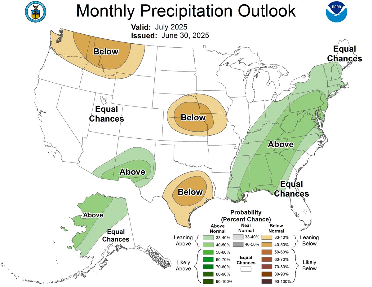 JustinMGlisan's tweet photo. The final July outlooks from @NWSCPC show an elevated signal for warmth statewide and leaning dry across #IA's southwestern half. July's 30-year avg. temp. is 73.4 degrees F while we expect 4.17" of rain. Short-term precip. outlooks lean wetter. #IowaAg #IowaClimate #Grow25 https://t.co/uOGdmOF64R