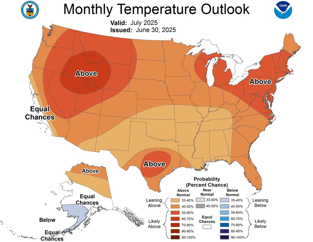 JustinMGlisan's tweet photo. The final July outlooks from @NWSCPC show an elevated signal for warmth statewide and leaning dry across #IA's southwestern half. July's 30-year avg. temp. is 73.4 degrees F while we expect 4.17" of rain. Short-term precip. outlooks lean wetter. #IowaAg #IowaClimate #Grow25 https://t.co/uOGdmOF64R