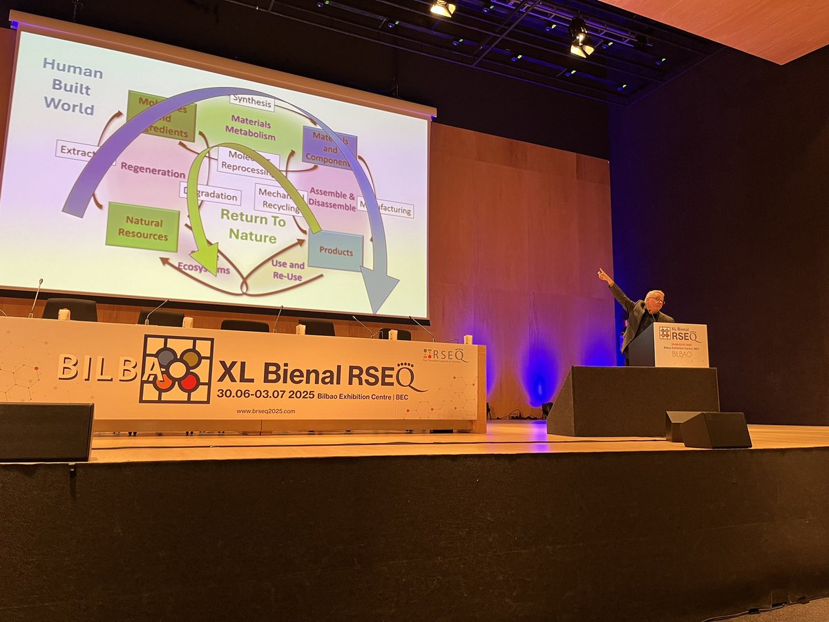 KLEIJ_ICIQ's tweet image. Now on stage another giant of #greenchem in #s8 at the @RSEQUIMICA #bienal2025: John Warner discussing key approximations on molecular, material and product #recycling 🤩. @GeQv on a roll again 🆒 and green☘️