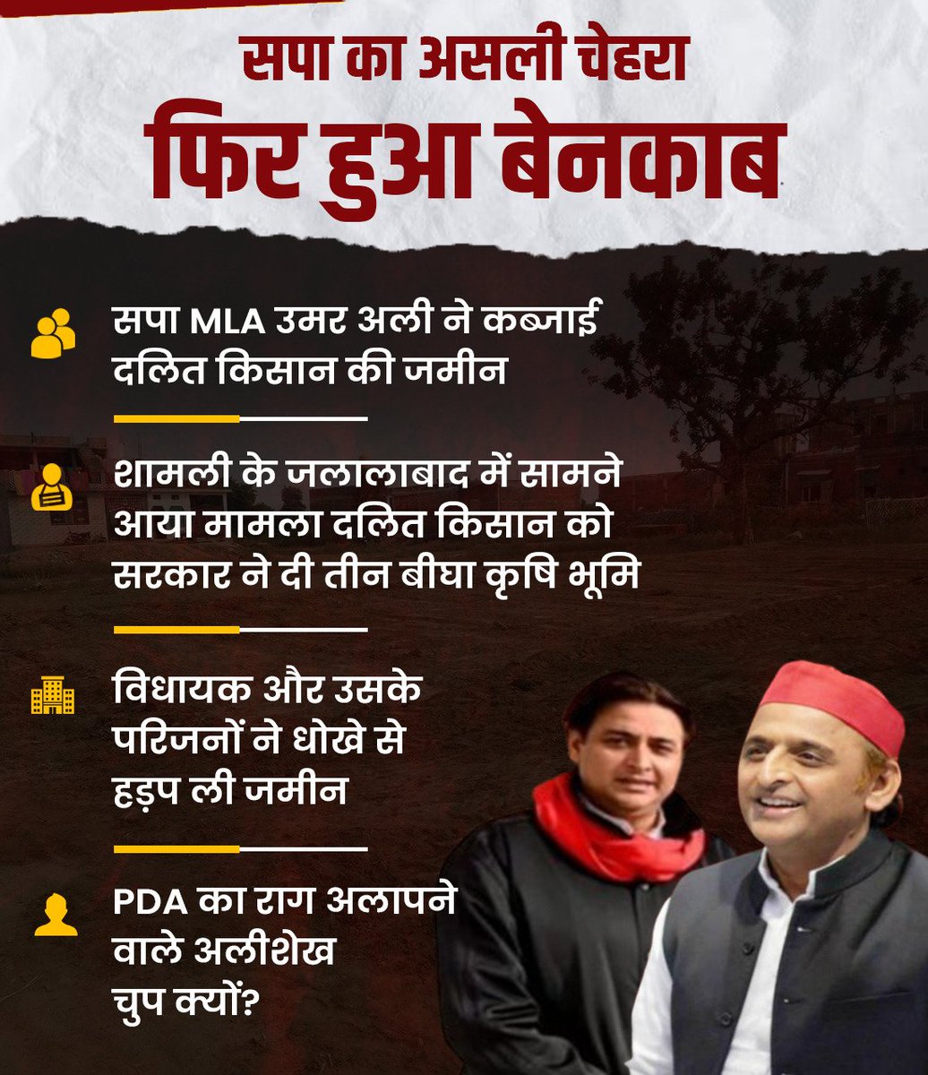 दलित किसान की ज़मीन पर सपा विधायक का कब्जा!
सपा का PDA मॉडल = पीड़ितों की जमीन हड़पना?

➡️ शामली में दलित किसान की ज़मीन को सपा MLA उमर अली और उनके परिवार ने धोखे से कब्जाया।
➡️ योगी सरकार ने पीड़ित को दी न्याय की सौगात — तीन बीघा कृषि भूमि।

सवाल ये है:
🔸 PDA की बात करने वाले