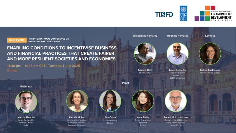 UNDPGeneva's tweet photo. Today at #FfD4, #TISFD, @FAST, @B+HR, @UNDP @marcos_mancini joined a high-level workshop uniting government, business, finance & civil society to explore how enabling conditions can drive fairer, more resilient societies via business & finance practices. https://t.co/ZXunVr0tay