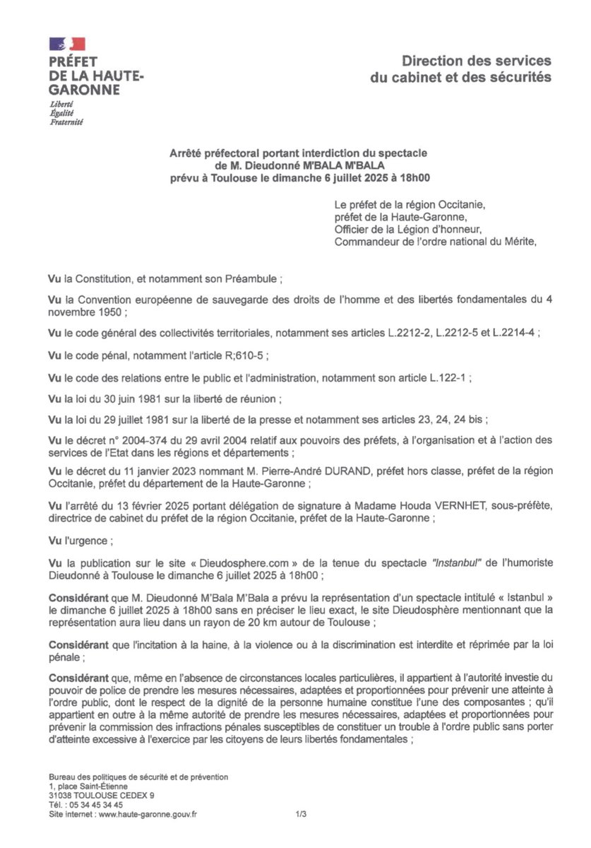 MbalaDieudo's tweet image. Nouvel arrêté!La persécution continue malgré des décisions de justice qui suspendent systématiquement ce genre d’arrêtés jugés illégaux.Je serai donc à Lyon,Toulouse et Montpellier ce week-end!La mafia au pouvoir est en panique, on va se marrer dieudosphere.com