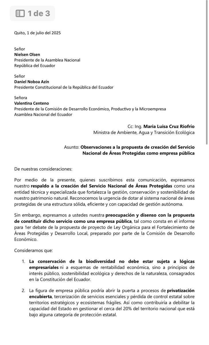 veroniicaarias's tweet photo. ‼️Urgente @NielsOlsenP @Ambiente_Ec @valentinacent2 no es conveniente la creación de una Empresa para el sistema de áreas protegidas. Debe existir el Servicio Nacional de Areas Protegidas como una entidad técnica y especializada que apoye a la conservación de nuestro patrimonio natural. 
Adjunto firmamos nuestra petición. por favor ayúdanos a difundir.