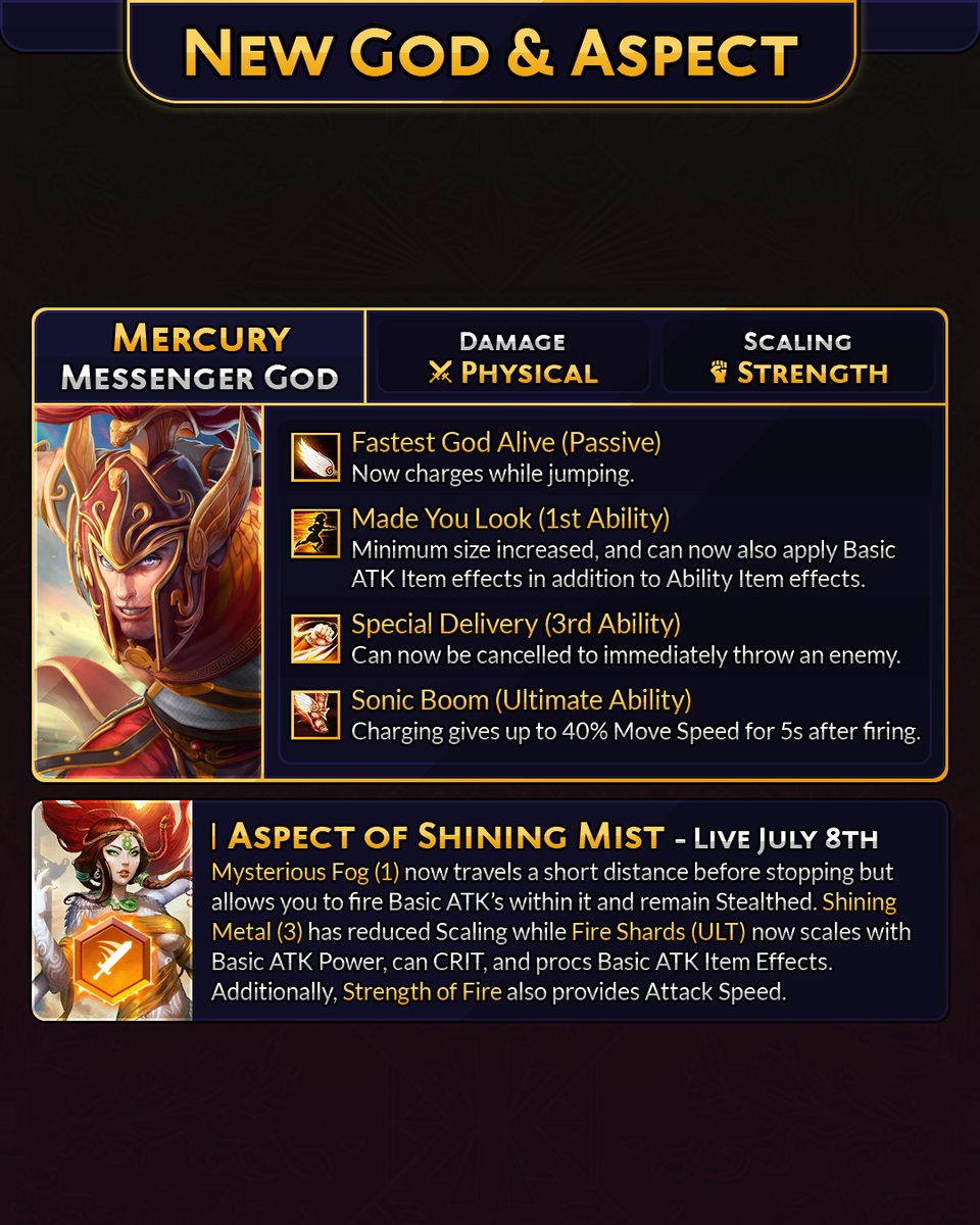 BluesUltra's tweet photo. The Messenger of the Gods Update is LIVE!

Try out Mercury, hit the Quick Play queues, and check out some of the new Travelers and balance changes, live in SMITE 2 with Open Beta 13. https://t.co/XRUZY9Mgbq