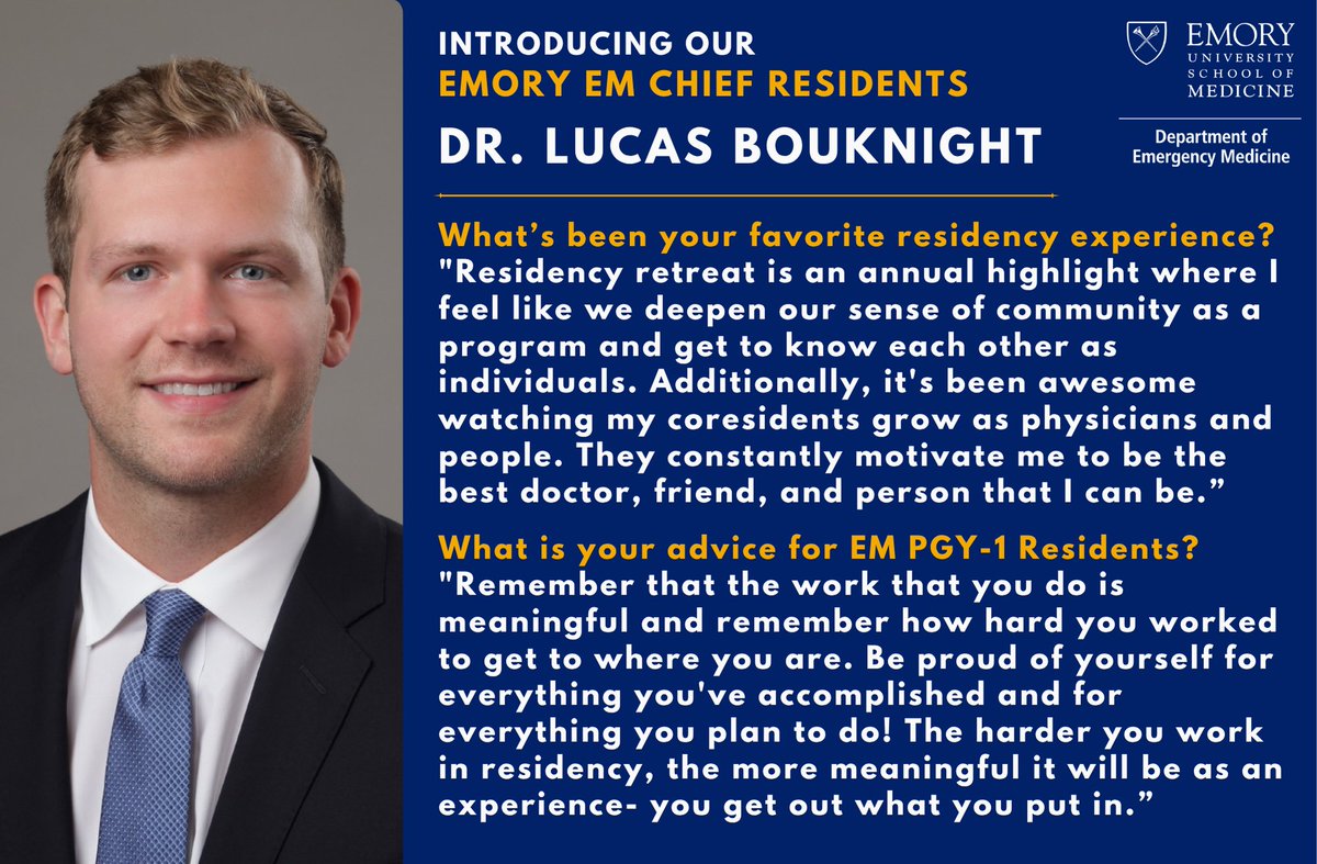 Emory EM (@emoryem) on Twitter photo Introducing the Chiefs! Dr. Lucas Bouknight attended medical school <a href="/UNC_SOM/">UNC School of Medicine</a>.
Learn more about Dr. Bouknight here: med.emory.edu/departments/em⦠Introducing the Chiefs! Dr. Lucas Bouknight attended medical school <a href="/UNC_SOM/">UNC School of Medicine</a>.
Learn more about Dr. Bouknight here: med.emory.edu/departments/emā¦