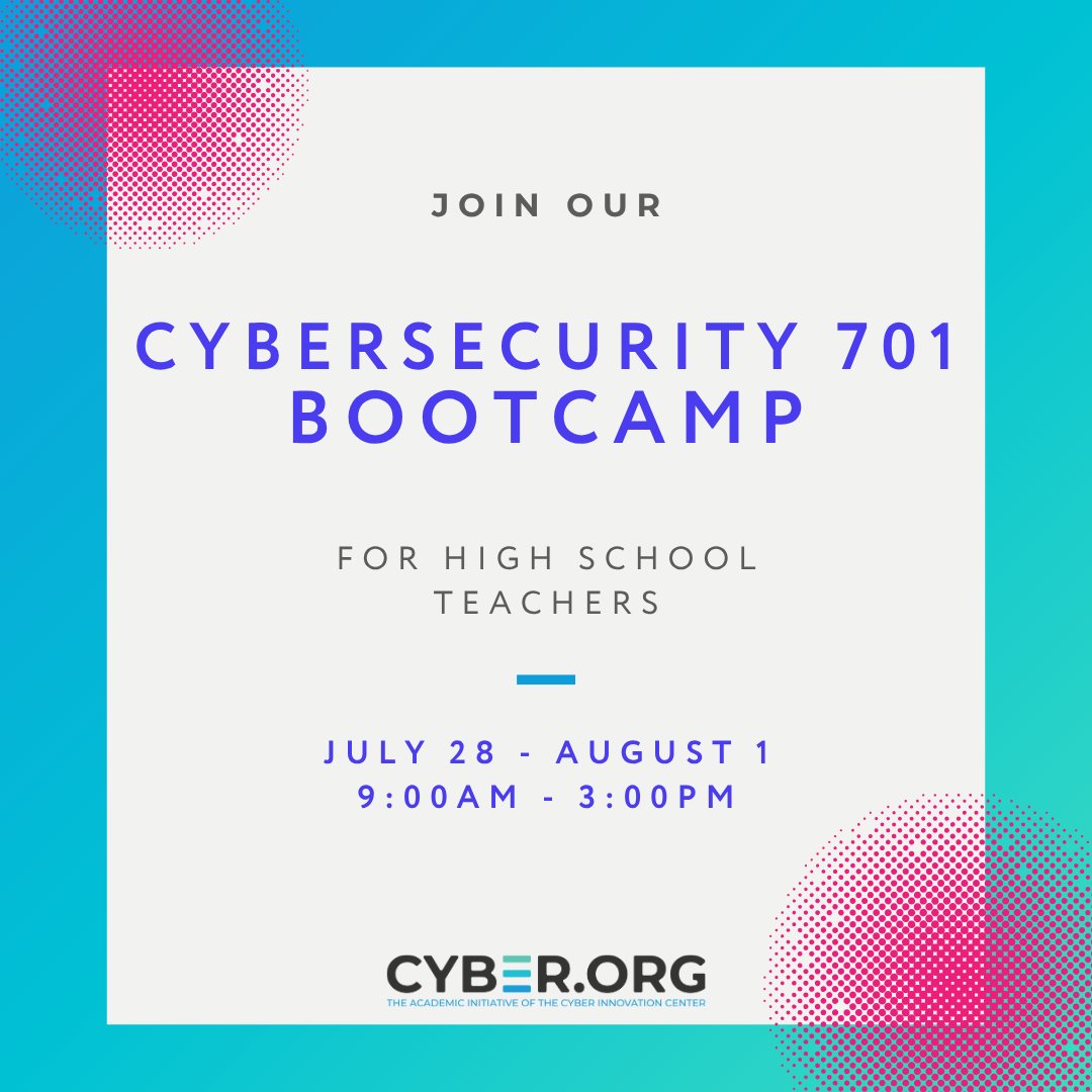 cyber_dot_org's tweet image. 🔎 Look no further for your summer professional development! Join this bootcamp to build your skills using the CYBER.ORG Range. Register now at eventbrite.com/e/cybersecurit…
#summerpd #cybersecurity701
