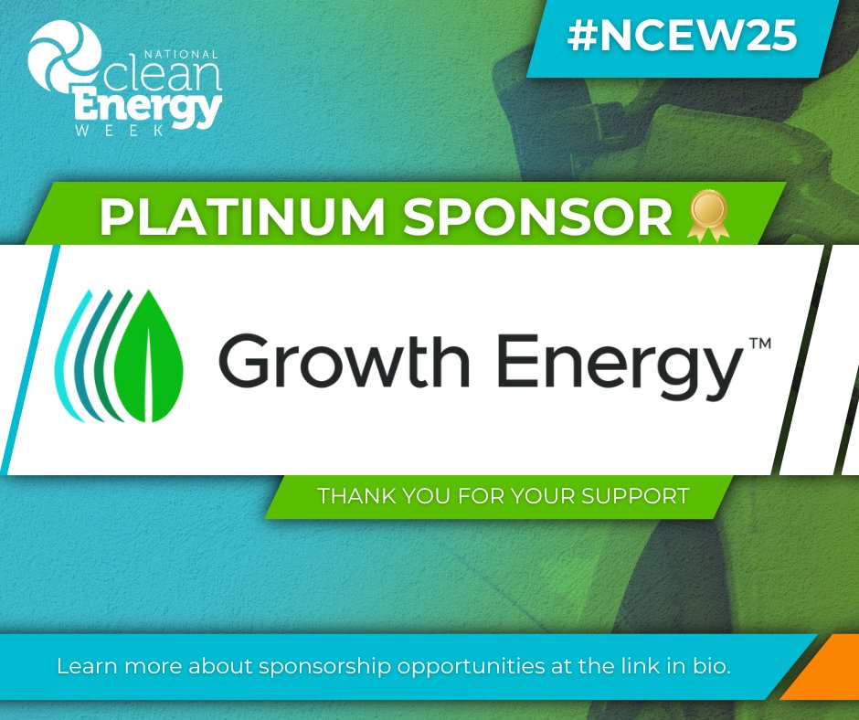 National Clean Energy Week (@ncewconf) on Twitter photo We are proud to announce <a href="/GrowthEnergy/">Growth Energy</a> as a Platinum Sponsor of the 9th annual National Clean Energy Week!
Thank you for your support and continued partnership!
Learn more about sponsoring NCEW here: nationalcleanenergyweek.org/sponsor-ncew/ We are proud to announce <a href="/GrowthEnergy/">Growth Energy</a> as a Platinum Sponsor of the 9th annual National Clean Energy Week!
Thank you for your support and continued partnership!
Learn more about sponsoring NCEW here: nationalcleanenergyweek.org/sponsor-ncew/