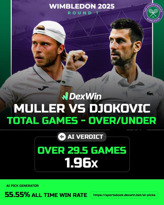Wimbledon 🏴󠁧󠁢󠁥󠁮󠁧󠁿 Tennis Betting Predictions, Tennis Betting Lines & Wimbledon 2025 Tennis Betting Odds Today 🎾 

Novak Djokovic vs Alexandre Muller - Over 29.5 Total Games

Follow @DexWin_Sports for the best Tennis betting odds, Tennis betting picks and Tennis predictions today 🎾

#Wimbledon  #Wimbledon 2025 ledon