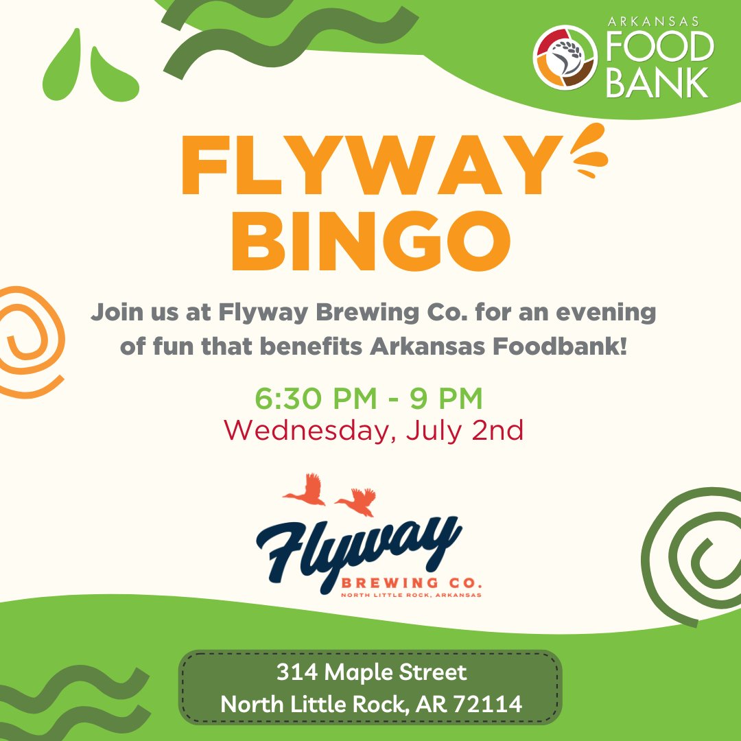 🎉 BINGO Night is back at <a href="/FlywayBrewing/">Flyway Brewing</a>—join us tomorrow for a night of fun, food, and giving back! 
- Wednesday, July 1st from 6:30 PM 
- Proceeds benefit Arkansas Foodbank

Kick off your holiday week with great company and a great cause. We can't wait to see you there!