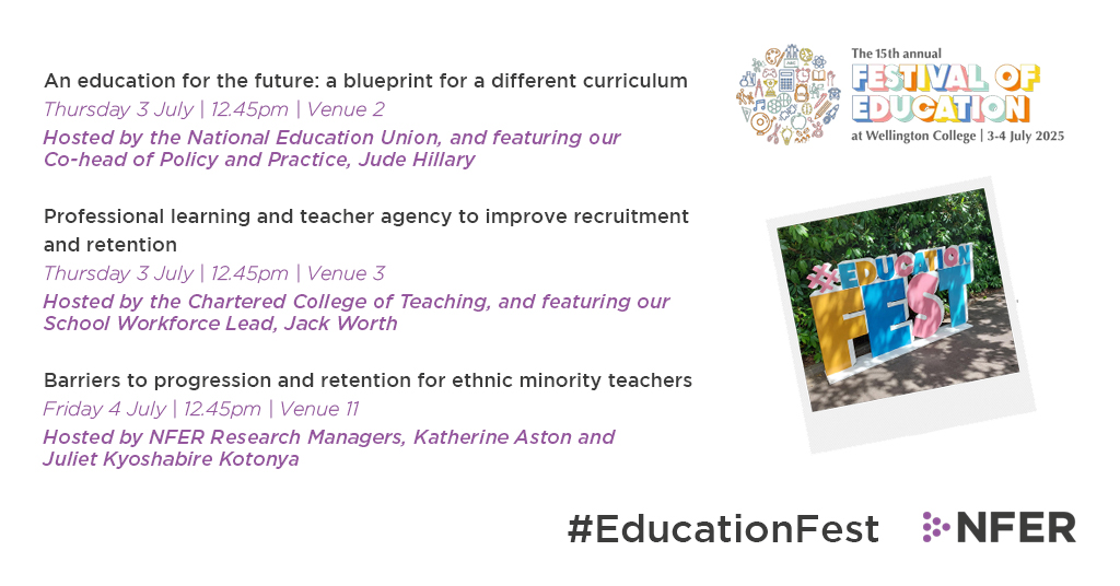 National Foundation for Educational Research (@thenfer) on Twitter photo We are pleased to be a part of three sessions at this year's <a href="/EducationFest/">Festival of Education ๐ฌ๐ง</a>. Details in the image below ๐
Our <a href="/NFERClassroom/">NFER Classroom</a> team will also be at Stall D17. Come and say hello! ๐
More info ๐ bit.ly/4k9lnev #EducationFest We are pleased to be a part of three sessions at this year's <a href="/EducationFest/">Festival of Education ๐ฌ๐ง</a>. Details in the image below ๐
Our <a href="/NFERClassroom/">NFER Classroom</a> team will also be at Stall D17. Come and say hello! ๐
More info ๐ bit.ly/4k9lnev #EducationFest