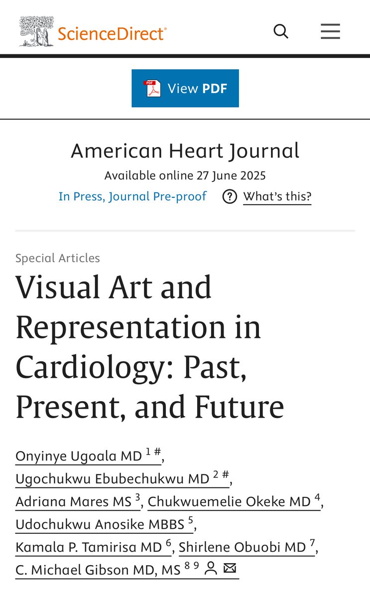 Ugochukwu Ebubechukwu, MD 🫀 (@ujebubechukwu) on Twitter photo Out now in <a href="/AmericanHeartJ/">AmericanHeartJ</a> ! 🔥
Excited to share our latest work on "Visual Arts & Representation in Cardiology" co-led with <a href="/simplyonyi/">Onyinye Ugoala</a> under the mentorship of <a href="/CMichaelGibson/">C. Michael Gibson MD</a>!
We explored the past, present and future role of visual arts in cardiovascular medicine! 🫀 Out now in <a href="/AmericanHeartJ/">AmericanHeartJ</a> ! 🔥
Excited to share our latest work on "Visual Arts & Representation in Cardiology" co-led with <a href="/simplyonyi/">Onyinye Ugoala</a> under the mentorship of <a href="/CMichaelGibson/">C. Michael Gibson MD</a>!
We explored the past, present and future role of visual arts in cardiovascular medicine! 🫀