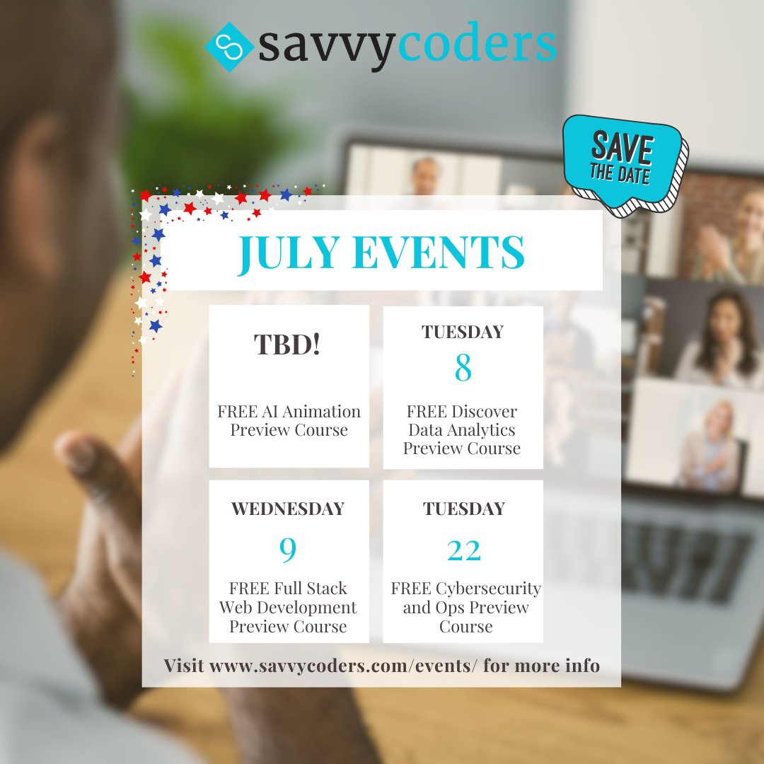 Savvy Coders (@savvycoders) on Twitter photo 🇺🇸 Ready to pursue life, liberty, and a job you actually love?
This July, we’re hosting FREE virtual preview courses to help you explore the tech career path that’s right for YOU!
Register here: savvycoders.com/elementor-24408
#savvycoders 🇺🇸 Ready to pursue life, liberty, and a job you actually love?
This July, we’re hosting FREE virtual preview courses to help you explore the tech career path that’s right for YOU!
Register here: savvycoders.com/elementor-24408
#savvycoders