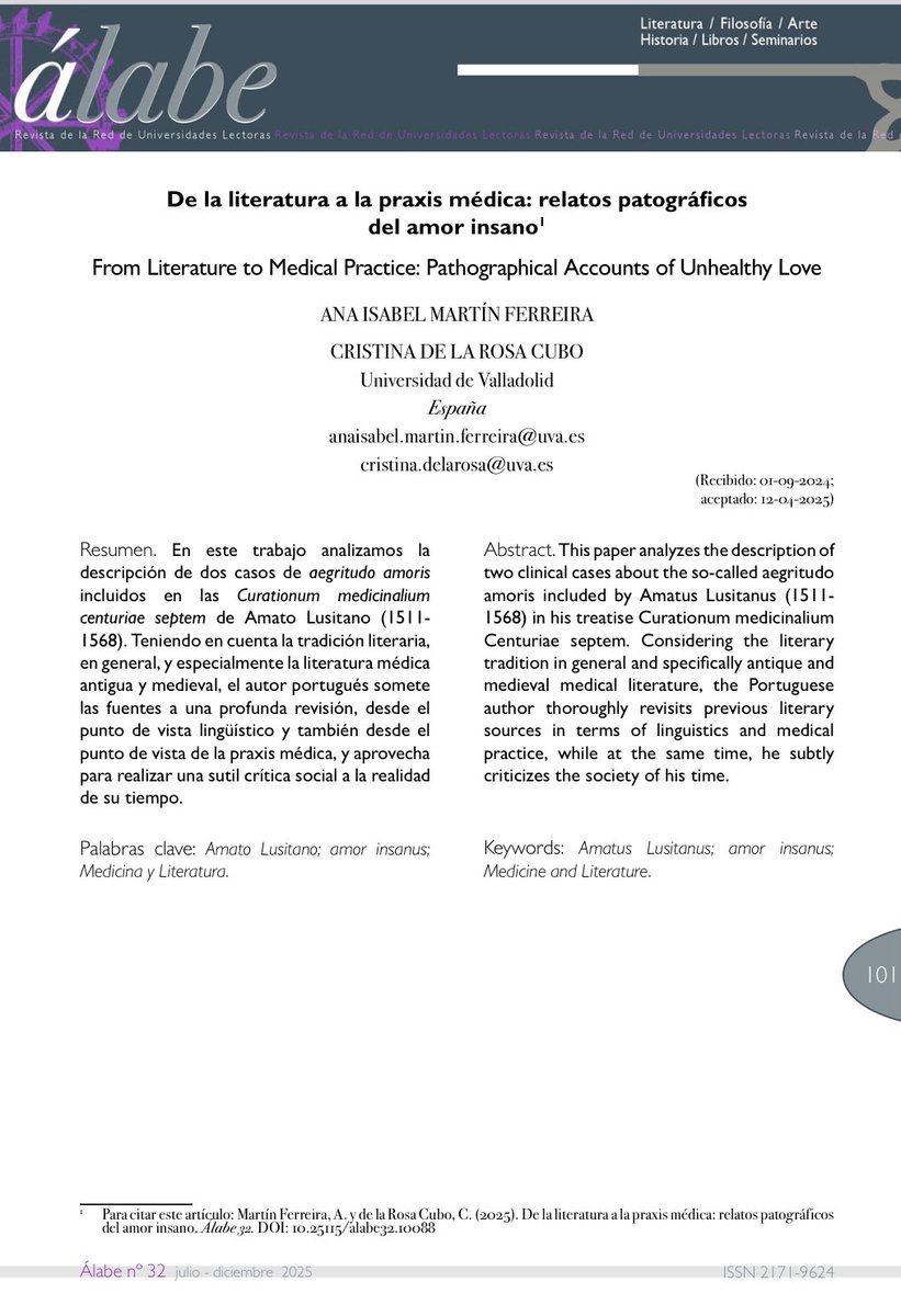 Speculum Medicinae (@speculum_med) on Twitter photo Nueva publicación de Ana I. Martín y Cristina De la Rosa, profesoras de <a href="/clasicas_uva/">Filología Clásica UVa</a> y miembros de <a href="/speculum_med/">Speculum Medicinae</a> ‘De la literatura a la praxis médica: relatos patográficos del amor insano’ en Álabe. Revista de la RIUL 👉🏻 doi.org/10.25115/alabe… Nueva publicación de Ana I. Martín y Cristina De la Rosa, profesoras de <a href="/clasicas_uva/">Filología Clásica UVa</a> y miembros de <a href="/speculum_med/">Speculum Medicinae</a> ‘De la literatura a la praxis médica: relatos patográficos del amor insano’ en Álabe. Revista de la RIUL 👉🏻 doi.org/10.25115/alabe…