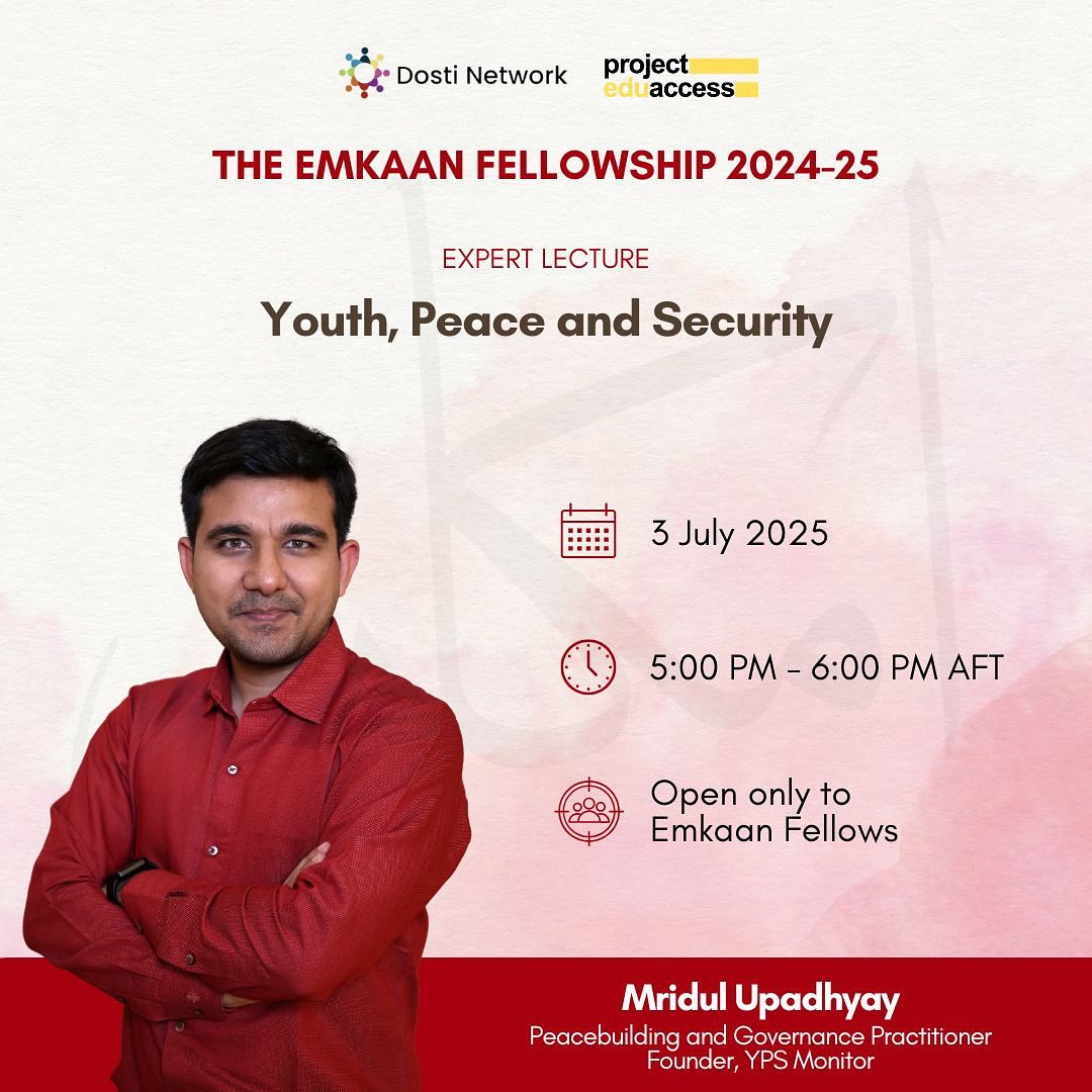 Project EduAccess (@projeduaccess) on Twitter photo We are pleased to organise a lecture on ‘Youth, Peace and Security’ by Mridul Upadhyay, as part of the Emkaan Fellowship.
<a href="/Mridul_upadhyay/">Mridul Upadhyay</a> is a peacebuilding and governance practitioner from India, and Founder of YPS Monitor. We are pleased to organise a lecture on ‘Youth, Peace and Security’ by Mridul Upadhyay, as part of the Emkaan Fellowship.
<a href="/Mridul_upadhyay/">Mridul Upadhyay</a> is a peacebuilding and governance practitioner from India, and Founder of YPS Monitor.