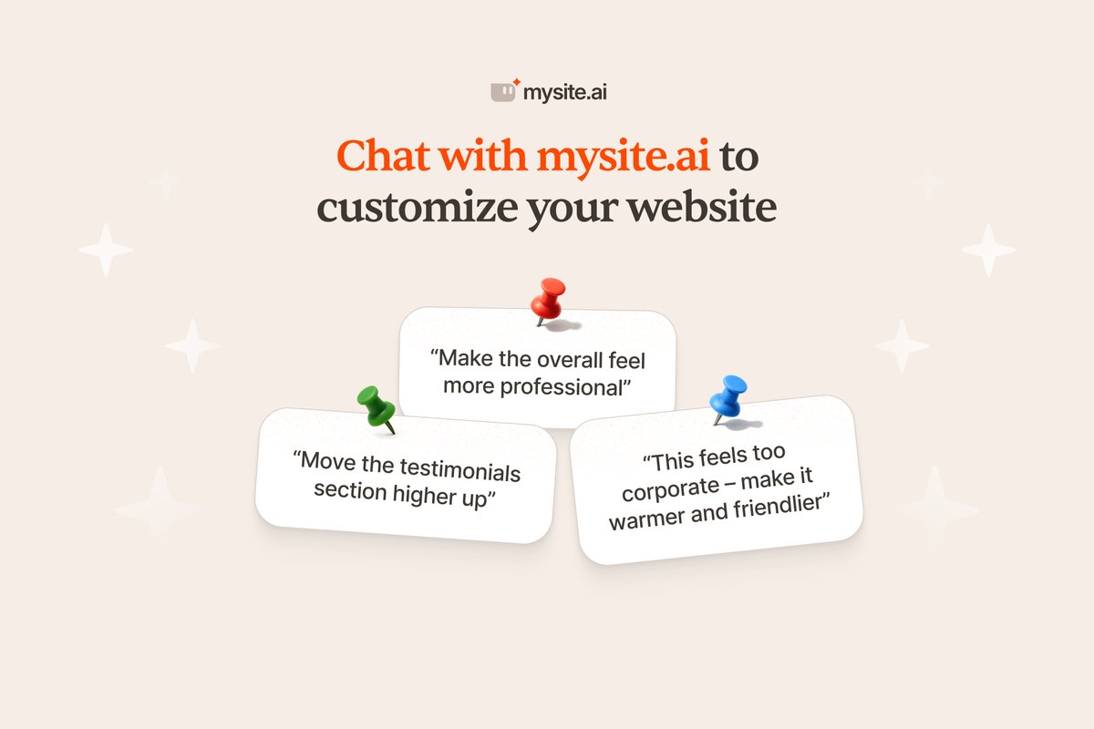 mysiteai's tweet image. Small business owners used to have to choose:

Fast website = Generic
Custom website = Expensive

Not anymore.

AI now lets you customize by just saying what you want:
&quot;Make the phone number bigger&quot;
&quot;Add my certifications&quot;
&quot;Change this to feel more professional&quot;

No coding. No…