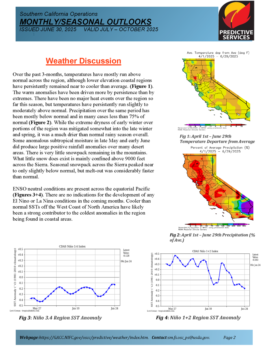 JhawkFire's tweet photo. 1/2 #SoOpsPredictiveServices #Assessment_Outlook #Jul_Oct2025 #FireWeather #FireFuels #FireBehavior assessment.pdf @NWSLosAngeles @NWSSanDiego @NWSSPC @NWS_IMET_OPS @RichIMET https://t.co/iYohSCMMRl