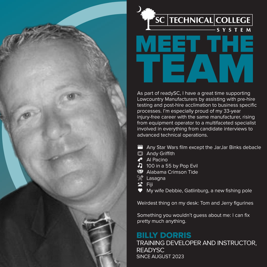 It’s our people who set us apart. Meet the talented team ensuring affordable, accessible, and relevant career and technical education for all South Carolinians!

Presenting readySC Training Developer and Instructor, Billy Dorris.

#MeetTheTeam