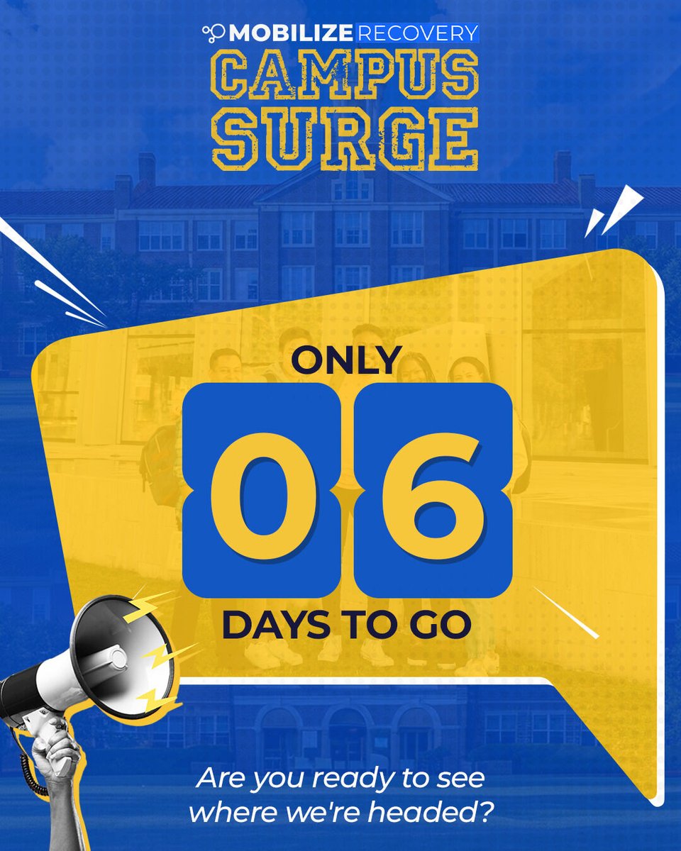MobilizeRecover's tweet image. Only 6 days left until we announce something BIG.
Mobilize Recovery's Campus Surge is bringing recovery, hope, and action to college campuses nationwide!
Are you ready to see where we're headed?
#campussurge #mobilizerecovery