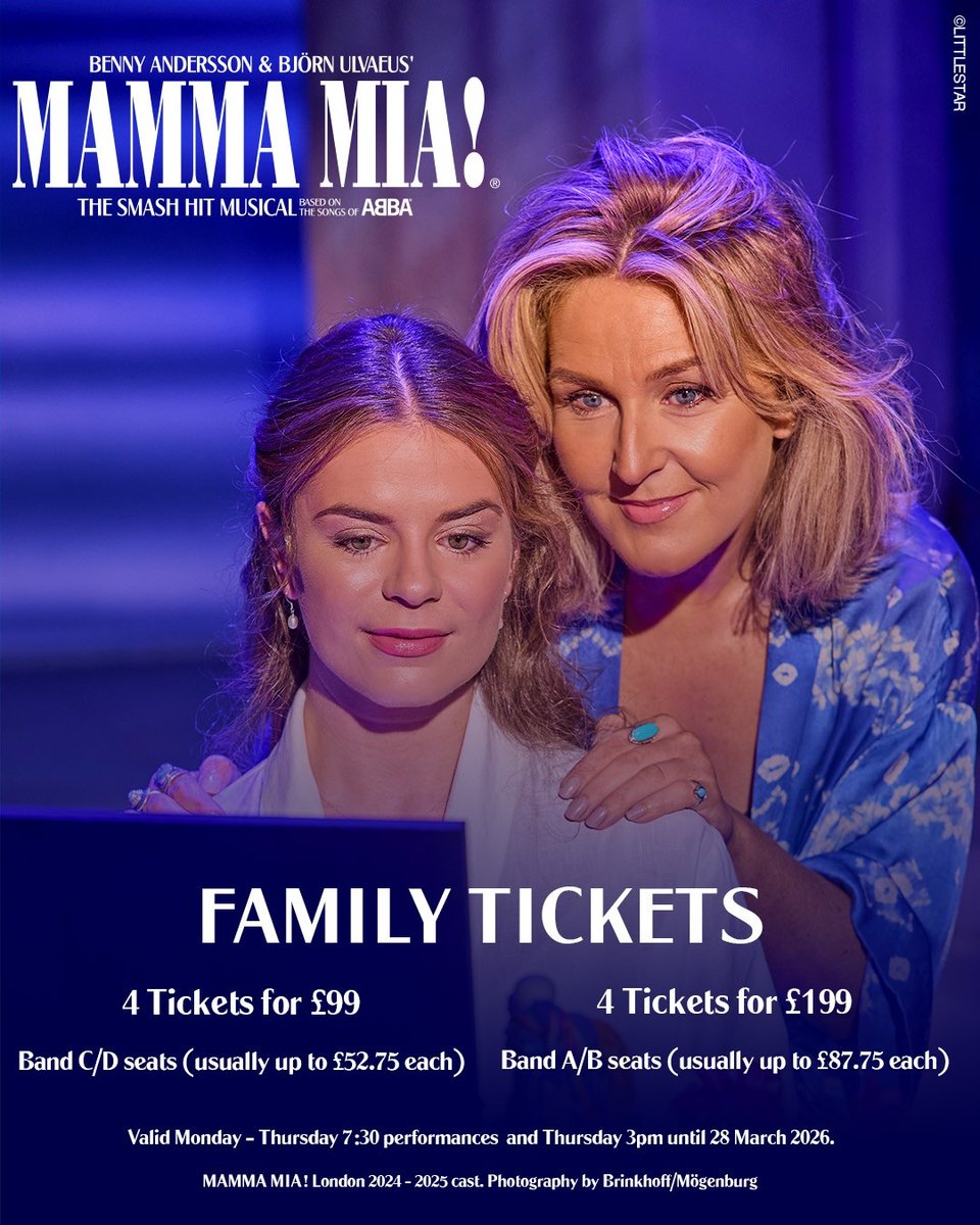 DMTWestEnd's tweet image. Family tickets are NOW AVAILABLE for MAMMA MIA! 💙
Make it a night to remember with your loved ones – full of laughter and feel-good fun 🎶☀️
🎟️Book your family tickets today: delfontmackintosh.co.uk/whats-on/mamma…
