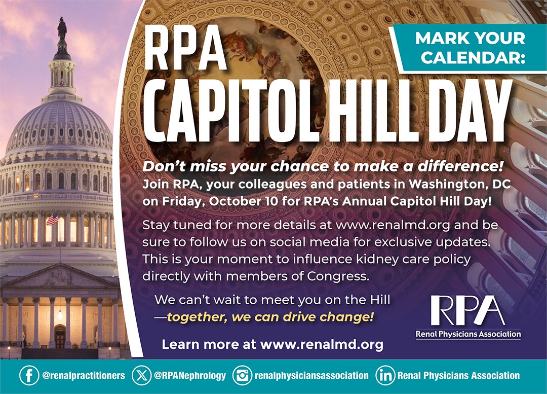 APPs: You play a pivotal role not only in patient care but also in advocacy. 

We invite you to attend the 2025 RPA Capitol Hill Day, October 10, 2025 in Washington, DC. 

For details and registration, visit  renalmd.org/page/MeetingEv….