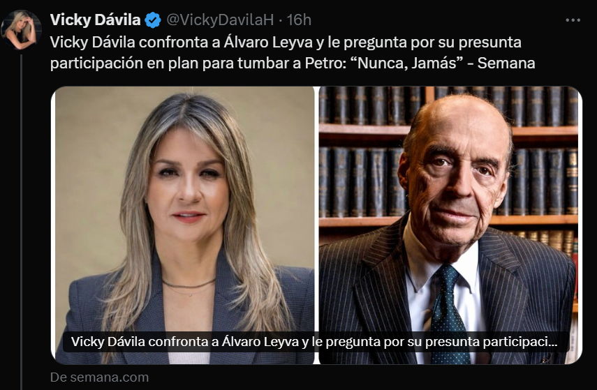Vicky Dávila le pregunta a Álvaro Leyva si la señora Vicky Dávila habló con él sobre un supuesto plan para desestabilizar al gobierno. Luego llama al aire Vicky Dávila y le da su total apoyo a la candidata Vicky Dávila y dice que ella es una mujer transparente.

Vicky Dávila
