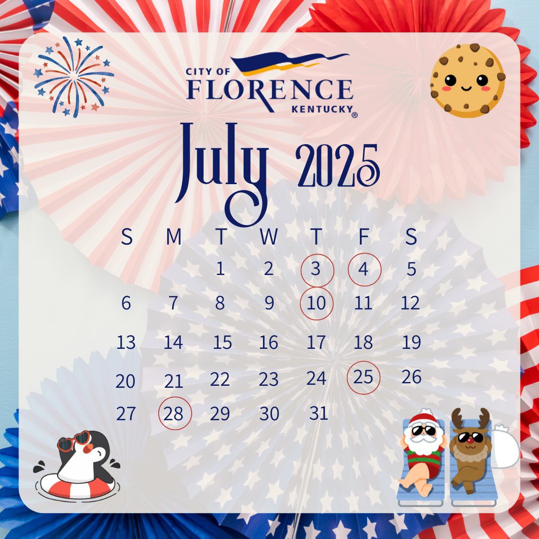 🎆 July in #FlorenceKY
🎇 July 3: Independence Day Celebration
💦 July 4: Pool Party at FAC
🍪 July 10: Cookies &amp; Conversations
🎄 July 25: Christmas in July - Aquatic Center
🐧 July 28: Penguin Day - Aquatic Center
🎶 Concerts, 🍿 treats &amp; more all month! #SummerFun