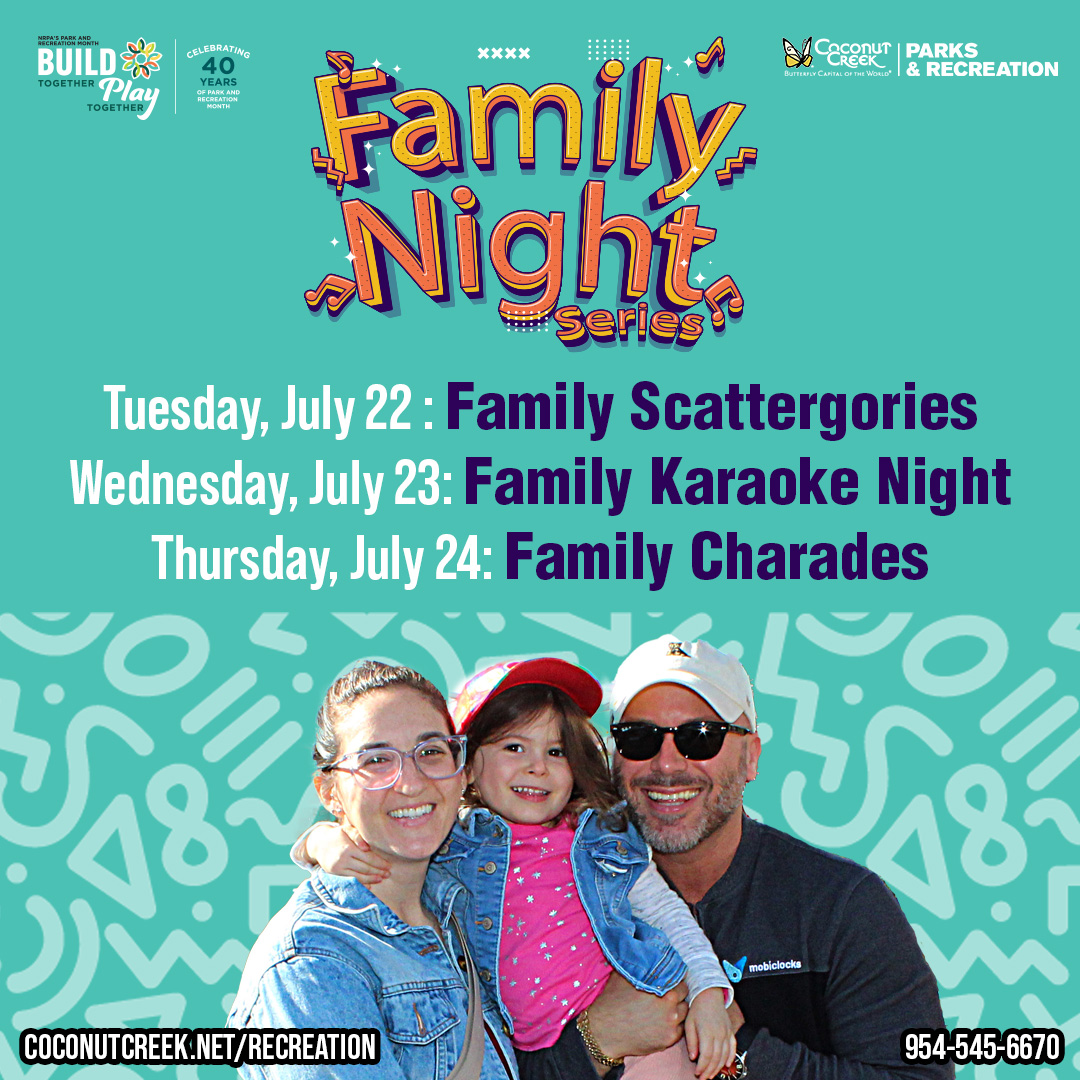 This July, join the City of Coconut Creek in celebrating Parks and Recreation month; an initiative of the NRPA.

👉 Check full schedule &amp; register: CoconutCreek.net/ParksandRecMon…
📞 Help with registration? Call 954-956-1580 or 954-545-6670

#BuildTogetherPlayTogether