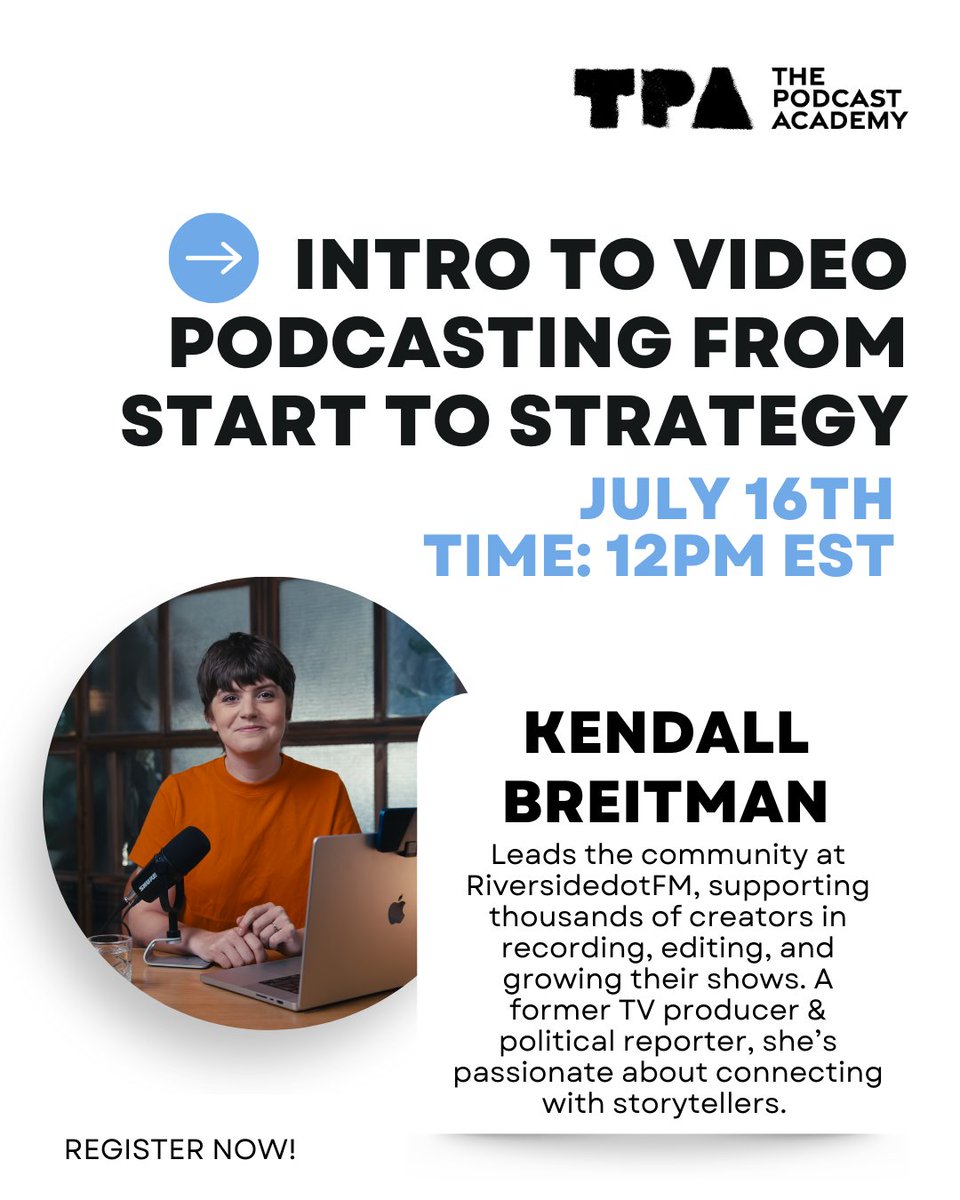 podcastacademy's tweet image. Thinking about going video with your podcast?
Learn how to level up your content!
Join @RiversidedotFM’s Kendall Breitman for: Intro to Video #Podcasting: From Start to Strategy
🗓️ July 16 | 🕛 12PM EST
🔗 Register: thepodcastacademy.com/events
#thepodcastacademy @KendallBreitman