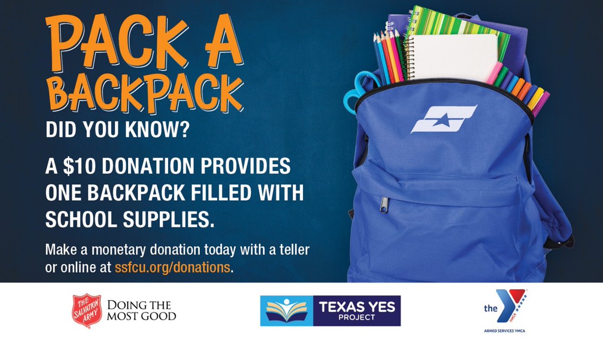 Join #SSFCU this month for #PackABackpack and help provide students with school supplies for the upcoming year. Donate today through July 31 at ssfcu.org/donations or at a Security Service branch near you.