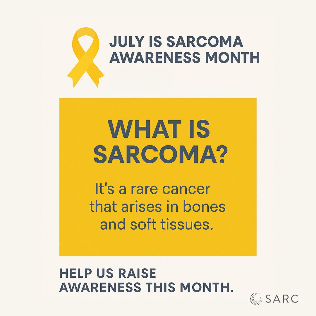 SARCtrials's tweet image. July is #SarcomaAwarenessMonth 💛

This month, we shine a light on the brave warriors and their families, the researchers working toward cures, and the need for greater awareness and funding.

#SarcomaStrong #YellowForSarcoma  #sarcomaawareness #sarcoma #SARCTrials