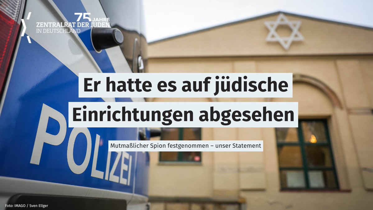 ZentralratJuden's tweet image. Ein dänischer Staatsangehöriger steht im Verdacht, im Auftrag der Quds-Brigade jüdische und israelische Einrichtungen als mögliche Anschlagsziele ausgekundschaftet zu haben.
Das Statement von Dr. Josef Schuster, Präsident des Zentralrats der Juden in Deutschland, finden Sie…
