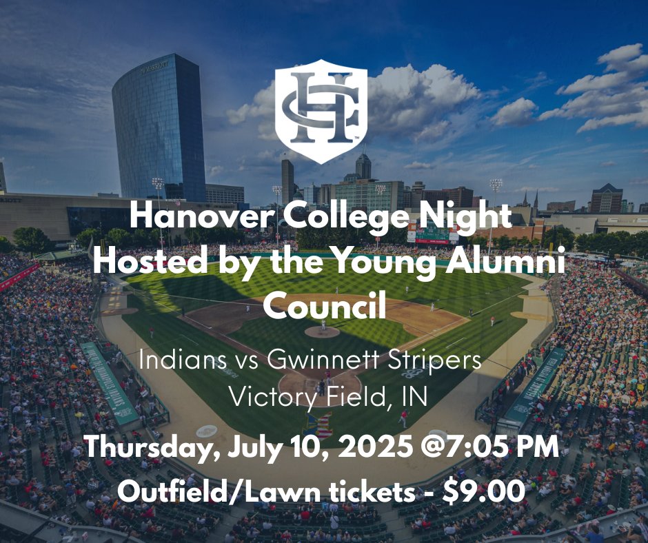Hanover College Night at Victory Field is almost here—hosted by the Young Alumni Council! 
Thursday, July 10, 2025
Gates open: 5:30 p.m. | First pitch: 7:05 p.m.
Outfield/Lawn Tickets: $9.00
Let’s make it a night to remember—grab your tickets now! connect.hanover.edu/e/young-alumni…