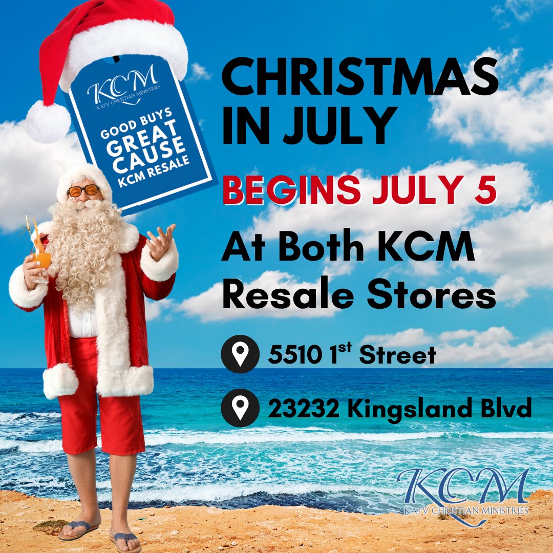 Christmas in July begins July 5 at both KCM Resale Stores!
KCM Resale 5510 1st Street
KCM Resale Kingsland Blvd.

Don't miss the great deals and amazing finds!

 #ChristmasInJuly #KCMResale #ThriftStoreFinds #KatyTX #77493 #77494