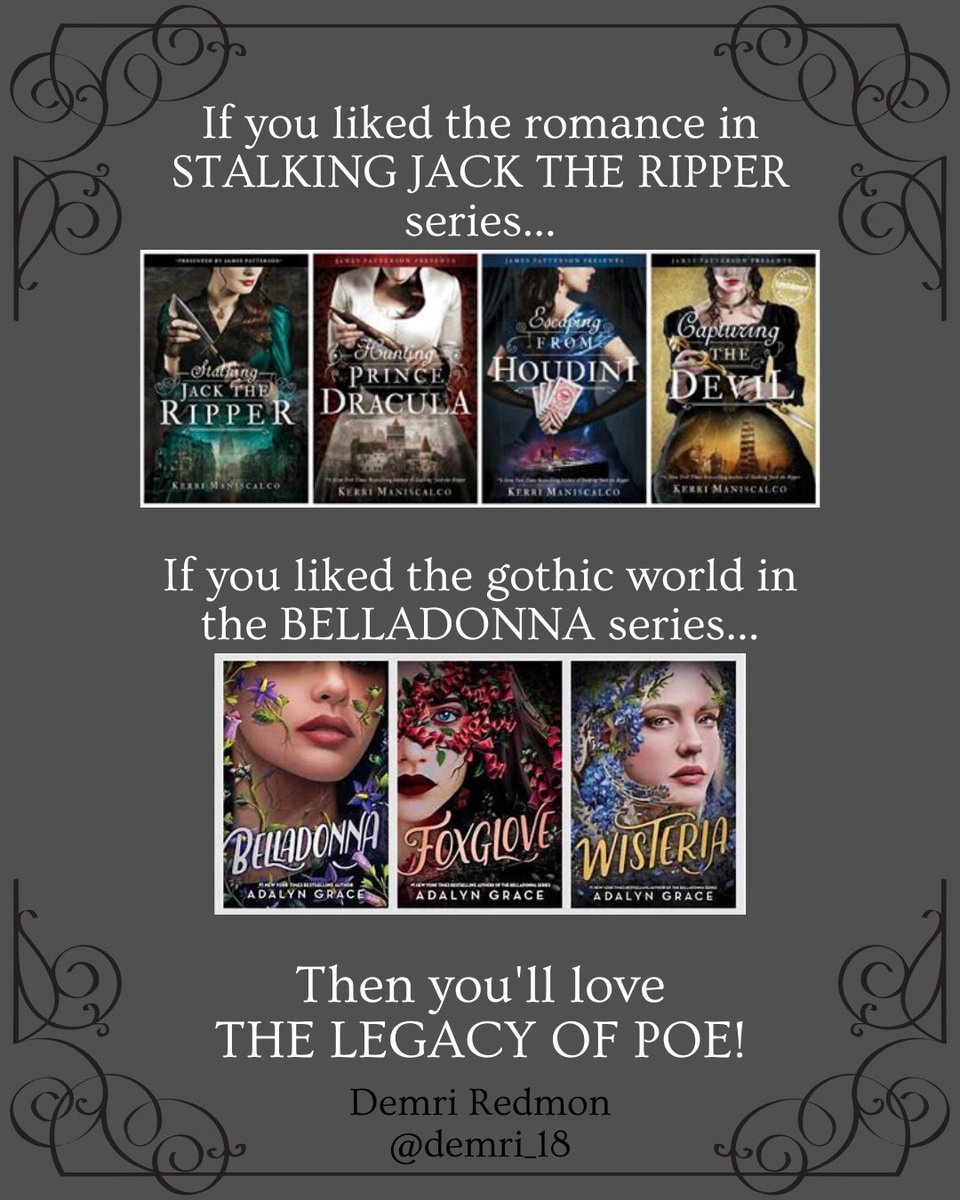 Demri_18's tweet image. Here is Part 2 of my little social media series!
If you liked these books, movies, & TV shows, then you’ll love my debut novel, THE LEGACY OF POE!
Coming from Roan & Weatherford in Fall 2026!
#2026books #HorrorCommunity #AuthorsLife
