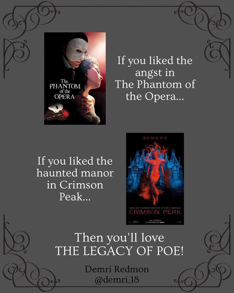Demri_18's tweet image. Here is Part 2 of my little social media series!
If you liked these books, movies, & TV shows, then you’ll love my debut novel, THE LEGACY OF POE!
Coming from Roan & Weatherford in Fall 2026!
#2026books #HorrorCommunity #AuthorsLife