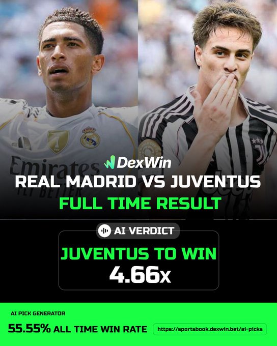 Real Madrid vs Juventus Odds ⚽️ 🏆 | FIFA Club World Cup 2025 - Football Betting Odds Today, Predictions, Betting Lines & Picks by AI

✅ JUVENTUS to Win @ 4.66 ✅ 

Follow @DexWin_Sports for the best football betting odds, football betting odds today, football betting picks and football predictions ⚽️