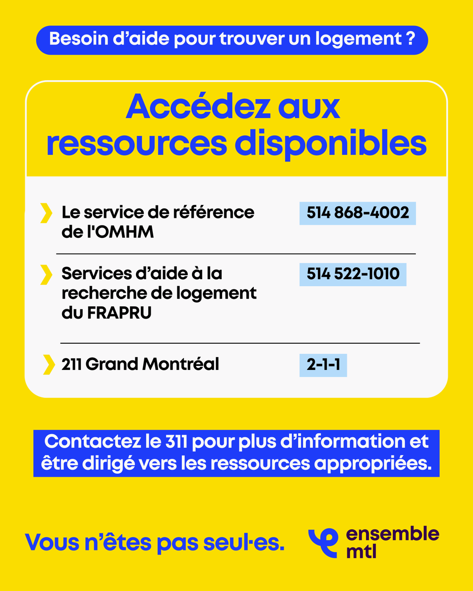 1er juillet : journée de déménagement pour des milliers de Montréalais·es. Vous cherchez un logement en urgence ? Des ressources sont disponibles :

 🔷 OMHM
 🔷 FRAPRU
 🔷 211 Grand Montréal

📞 Appelez le 311 pour plus d’information.