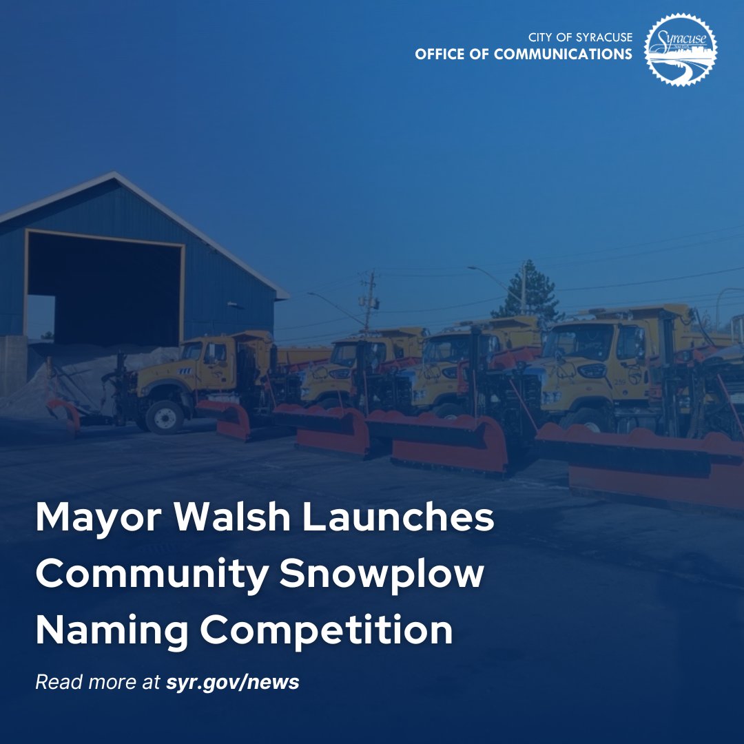 Mayor Walsh wants you to help name our snowplow fleet! Got a punny idea? A Syracuse-inspired gem? Submit your most creative snowplow names through July 25th at goto.syr.gov/Snowplow. 

Read more at syr.gov/news.