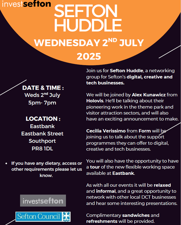 Only one day to go until our Sefton Huddle for digital, creative and tech businesses- no need to book just turn up from 5pm, see you there😀