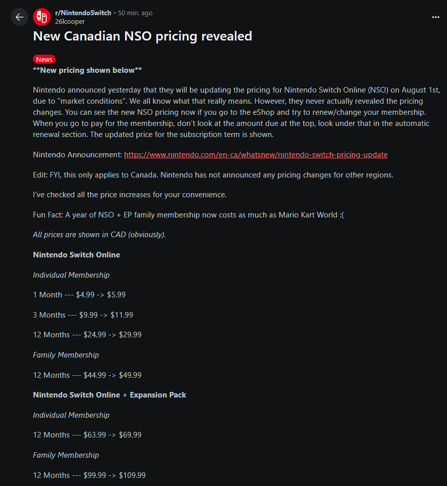 Wario64's tweet photo. Canada Nintendo Switch Online updated pricing (increase) revealed https://t.co/5aKwPdp0Bz https://t.co/96r0RkZ7rh