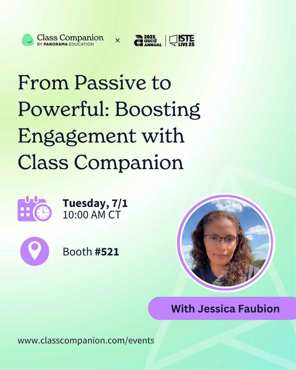 Class Companion π¦Έ π (@classcompanion_) on Twitter photo β° 1 hour to go!
<a href="/jess_faubion/">π.π½ππ¦πππ π</a> hits Booth #521 at 10 AM with From Passive to Powerful: Boosting Engagement with Class Companion π₯
π― This session counts toward our scavenger hunt!
Sign up π f.mtr.cool/xadaahdzpg
#ISTE2025 #ClassCompanion #NotAtISTE β° 1 hour to go!
<a href="/jess_faubion/">π.π½ππ¦πππ π</a> hits Booth #521 at 10 AM with From Passive to Powerful: Boosting Engagement with Class Companion π₯
π― This session counts toward our scavenger hunt!
Sign up π f.mtr.cool/xadaahdzpg
#ISTE2025 #ClassCompanion #NotAtISTE