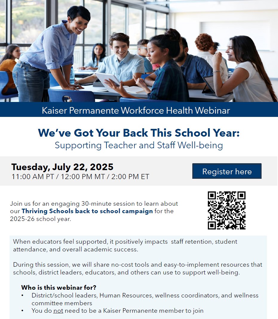 Supporting Teacher and Staff Well-Being
#thrivingschools #educatorwellbeing #backtoschool #staffsupport #KaiserPermanente #wellnessineducation
💻 Register here: event.on24.com/wcc/r/5002126/…