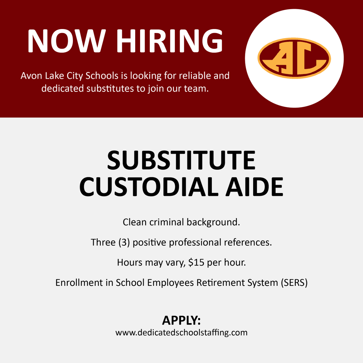 Dedicated School Staffing (@dedicated_ss) on Twitter photo Avon Lake City Schools is now hiring Substitute Paraprofessionals, Substitute Custodial Aides, and Substitute Monitors for lunch and study hall supervision. Get started today: bit.ly/3ioV1dX <a href="/AvonLakeSchools/">Avon Lake Schools</a> Avon Lake City Schools is now hiring Substitute Paraprofessionals, Substitute Custodial Aides, and Substitute Monitors for lunch and study hall supervision. Get started today: bit.ly/3ioV1dX <a href="/AvonLakeSchools/">Avon Lake Schools</a>